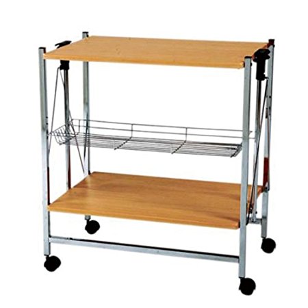 AZUMAYA Folding Chrome Kitchen Cart Wheels Storage Natural PW-314NA KD Furniture