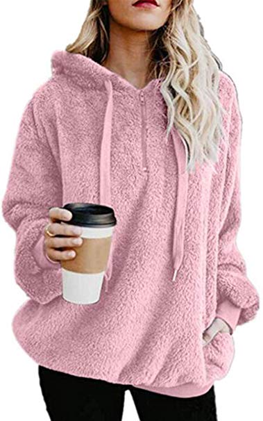 Angashion Womens Sweatshirt - Long Sleeve 1/4 Zip Up Faux Fleece Pullover Hoodies Coat Tops Outwear with Pocket