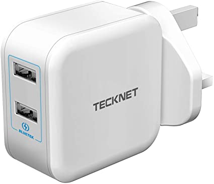 TECKNET USB Charger Plug 2-Port USB Wall Charger PowerZone 5V/4.8A 24W Mains Adapter with BLUETEK Smart Charging Technology