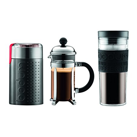 Bodum Chambord Set, French Press 3 Cup Coffee Maker, Electric Coffee Blade Grinder, 15 oz. Travel Mug, , Black