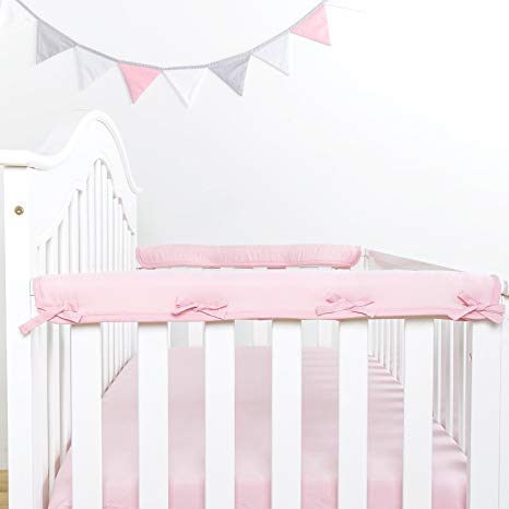 TILLYOU 2-Pack Padded Baby Crib Rail Cover Protector Safe Teething Guard Wrap for Narrow Side Crib Rails(Measuring Up to 8" Around), 100% Silky Soft Microfiber Polyester, Reversible, Lt Pink/White