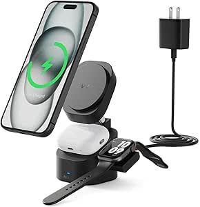 iWALK Higher and More Stable 3 in 1 Foldable Wireless Charging Station,Adjustable Magnetic Portable Charger Stand, Travel Charger for iPhone 15 Apple Watch AirPods (20W USB-C Charger Included)