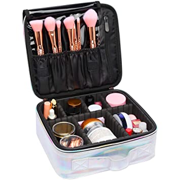 Makeup Case, Packism Holographic Travel Makeup Bag Professional Cosmetic Train Case, Waterproof Cosmetic Bag Portable Makeup Organizer with Adjustable Dividers for Toiletry Make Up Jewelry, Silver