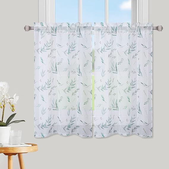 Kitchen Curtains Leaves Print Cafe Curtain Rustic Rod Pocket Window Tiers Herbs Flowers Short Window Curtains Set of 2 Farmhouse Window Treatment for Living Room Bedroom, 26" X 36", 2 Packs