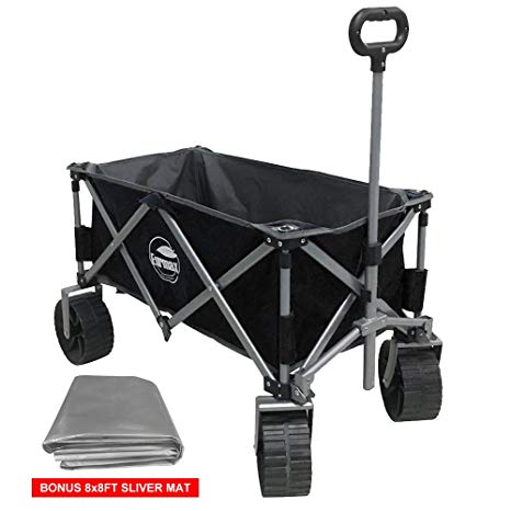 Eurmax Sports Collapsible Sturdy Steel Frame Garden Carts on Wheels Utility Beach Wagon Cart with Big Wheels，Bonus 8x8Ft Picnics Mat (Black)