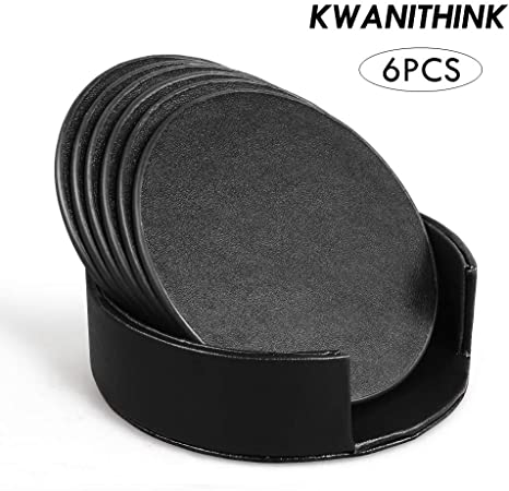 KWANITHINK Coasters for Drinks, 6 Pcs Leather Coasters with Holder, Drink Coasters Non-Slip for Home and Kitchen Decoration (Black)