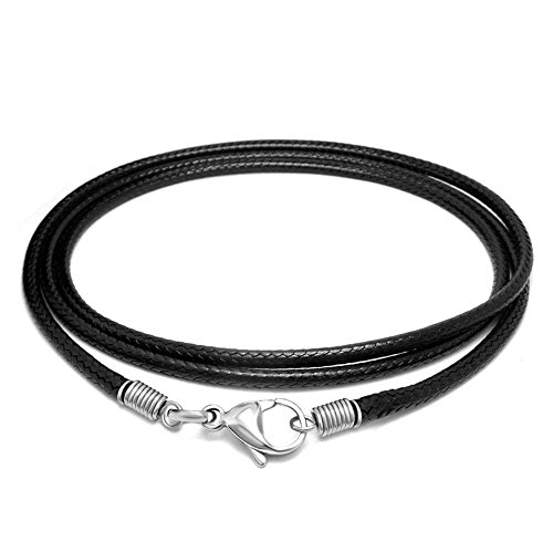 Miraculous Garden 2.5mm Braided Black Leather Cord Rope Chain Necklace with Stainless Steel Lobster Clasp(18-24 inch)