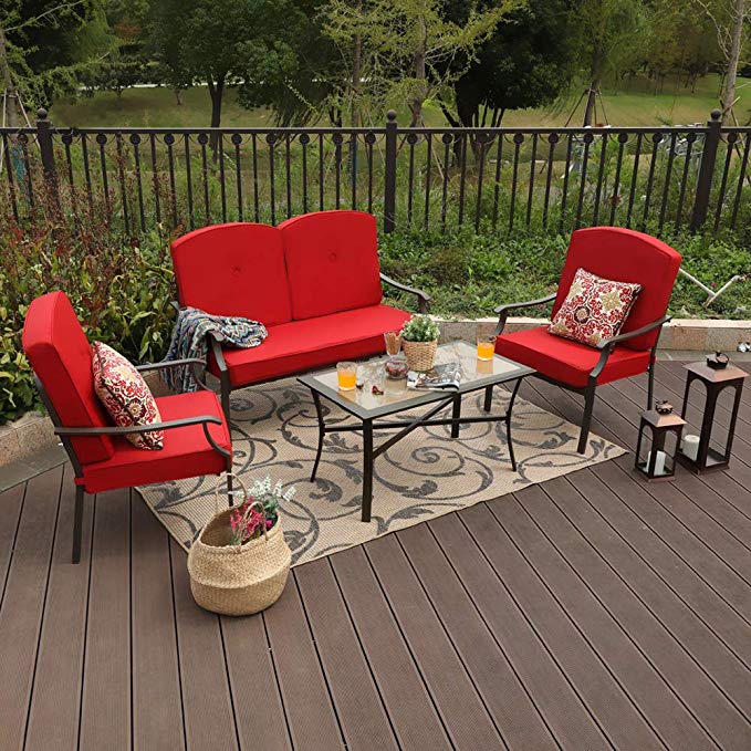 PHI VILLA Patio 4 PC Padded Conversation Set Coffee Table Sets Cushioned Outdoor Furniture, Red