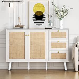 Anmytek Rattan Storage Cabinet, White Sideboard Buffet Cabinet with 2 Doors and 3 Drawers, Sideboard with Storage Wood Credenza Cabinet for Dining Room Drawing Room Hallway Kitchen H0101