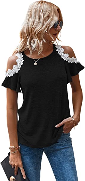 Milumia Women's Lace Trim Cold Shoulder Ruffle Short Sleeve Round Neck Blouse Tops