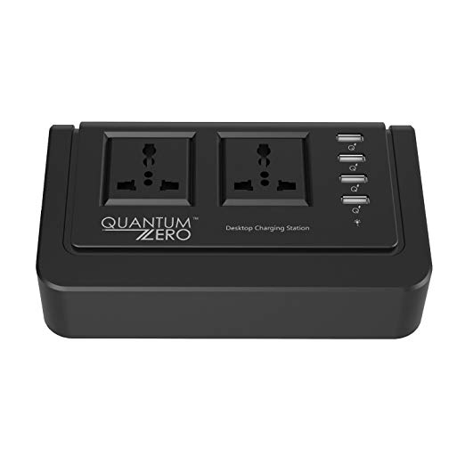 QuantumZERO QZ-WC04 Desktop Charging Station with dual universal AC 100-240V power outlets and 4 USB 34W, 5V, total 6.8A outlets (Surge Protector) (SmartQ Fast Charger Technology)