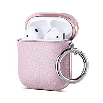 ULAK AirPods Case, Luxury Leather with Mirror Surface Plating Hard Cover, Shockproof Protective AirPod Accessories with Keychain for Apple AirPod Charging Case 2 & 1(LED Visible) (Pink)