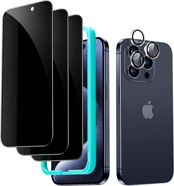 ESR for iPhone 15 Pro Max Privacy Screen Protector Set, Anti-spy Tempered-Glass Privacy Screen Protector, Micro-curved Edges, Case Friendly, 3-Pack with 1 Set of Individual Camera Lens Protectors
