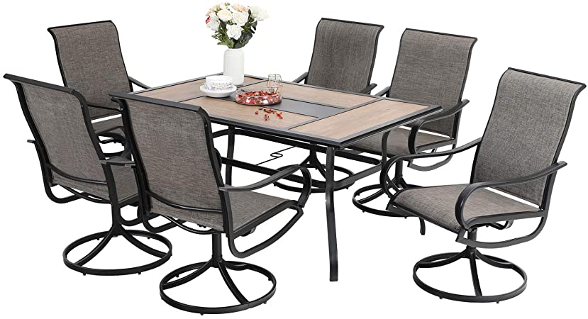 Sophia & William Patio Dining Set 7 Pieces, Patio Furniture Set Metal, 6 x Patio Dining Swivel Chairs Textilene with 1x 6 Person Wood Like Umbrella Table for Lawn Garden