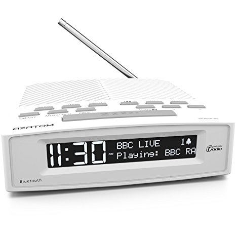 AZATOM Horizon DAB Digital Bedside FM Radio Alarm Clock - Bluetooth - Battery / Mains Powered - White