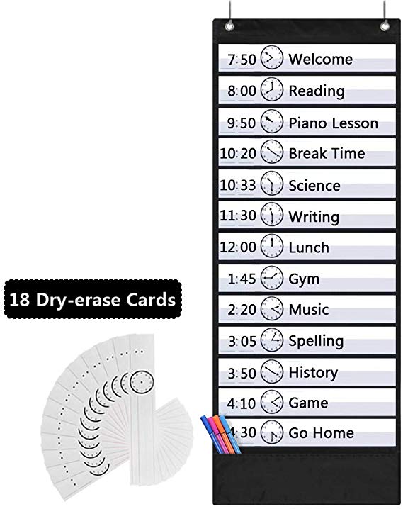 Eamay Daily Schedule Pocket Charts, Teaching Scheduling Pocket Chart, Hanging File Organizer with 18 Dry Erase Cards, Educational Tool for Classroom, School, Office or Homeschooling, Black