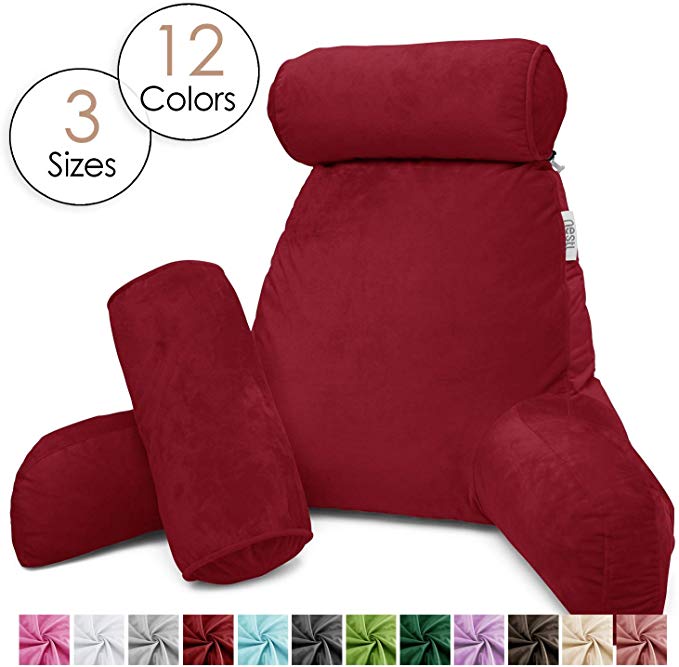 Nestl Reading Pillow, Includes 1 Extra Large Bed Rest Pillow with Arms   2 Detachable Pillows - Premium Shredded Memory Foam TV Pillow, Neck Roll & Lumbar Support Pillow - Set of 3 - Burgundy Red