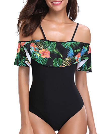 Holipick Women 1 Piece Vintage Floral Printed Off Shoulder Flounce Ruffled Padded Monokini Bathing Suits