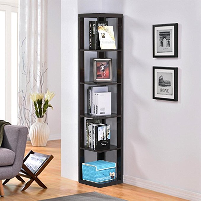 Yaheetech 5 Tier Wood Wall Corner Shelf Slim Bookshelf/Bookcase Tall Display Rack (Espresso)