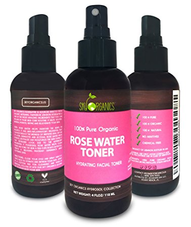 Organic Rose Water Toner by Sky Organics 120ml-100% Pure, Organic Distilled Rosewater Toner For Face And Hair- Best Gentle Facial Cleanser -Preps Dry & Acne Prone Skin for Serums, Moisturizers & Makeup