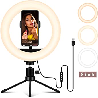 8'' Ring Light with Tripod Stand & Phone Holder for Selfie, Makeup,Live Streaming & YouTube Video,3 Light Modes and 10 Brightness Level,Dimmable Desk Makeup Ring Light