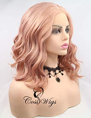 Cosswigs Bob Pink Lace Wigs Middle Part Peach Pink Lace Front Wig for Women Realistic Looking Synthetic Wig Heat Resistant Fiber 14inches
