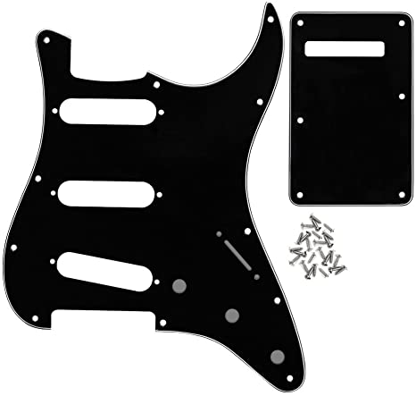 IKN 3Ply Black Strat Pickguard and Back Plate Set for FD Standard Strat Modern Style, 11 Holes, 3 Single Coil Pickups Style