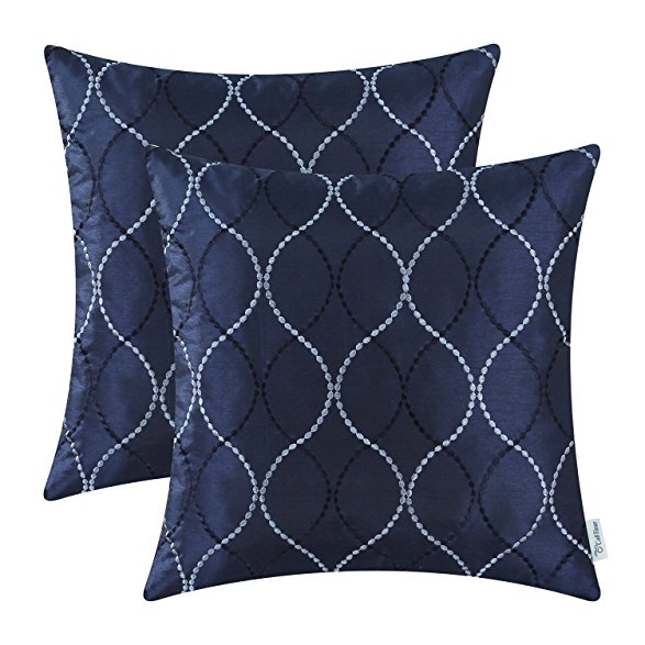 Pack of 2 CaliTime Cushion Covers Throw Pillow Cases Shells for Home Sofa Couch, Modern Waves Lines Embroidered 18 X 18 Inches Navy