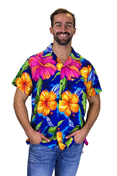 V.H.O Funky Hawaiian Shirt Men Short Sleeve Front-Pocket Big Flower Multiple Colors