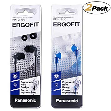 Panasonic ErgoFit Earbud Headphones RP-HJE120-K/A, (Black Blue) [2Pack]