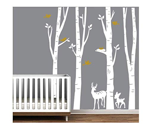 LUCKKYY Large Birch Tree Deer Wall Decal Forest Birch Trees Birch Trees Vinyl Kids Vinyl Sticker Vinyl Wall Decal Family Room Art Decoration (White Birch)
