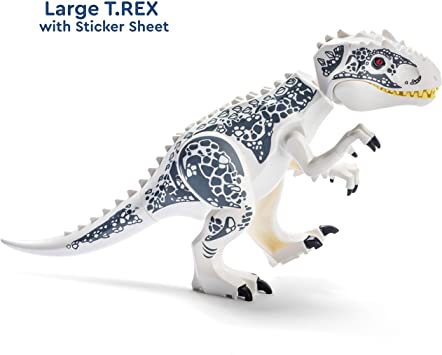 Large White Jurassic T-Rex Dinosaur Toys Building Blocks Figure for Boys and Girls Ages 3  - Educational Jurassic Dino Toys 11.2x6.7 - Safe ABS Plastic T REX with Sticker Sheet Included!