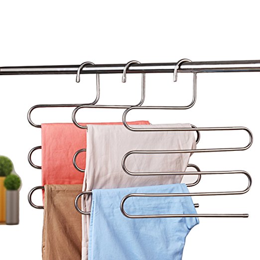 Yeeper 4 Pack Sturdy S-type Stainless Steel Pants Hangers Closet Storage for Jeans Trousers Space Saver Storage Pant Racks