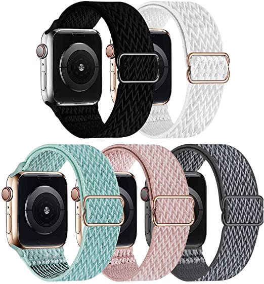 GBPOOT 5 Packs Nylon Stretch Band Compatible with Apple Watch Bands,Adjustable Soft Sport Breathable Loop for Iwatch Series 6/5/4/3/2/1/SE,Black/White/Marine Green/Rosepink/Storm Gray-38/40mm