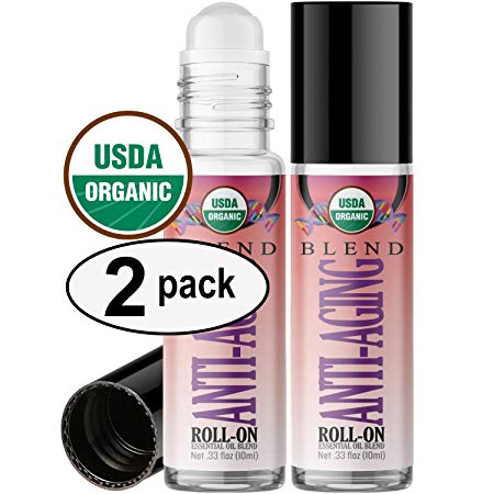 Organic Anti-Aging Blend Roll On Essential Oil Rollerball (2 Pack - USDA Certified Organic) Pre-diluted with Glass Roller Ball for Aromatherapy, Kids, Children, Adults Topical Skin Application - 10ml