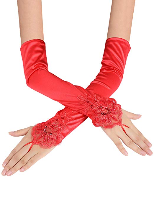 Flapper Girl Vintage 1920s adies's Fingerless Lace & Sequins Satin Bridal Gloves