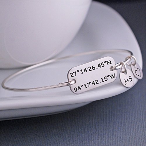 Latitude Longitude Bangle Bracelet, Personalized Location Jewelry in Silver