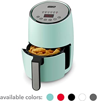 DASH Compact Electric Air Fryer   Oven Cooker with Digital Display, Temperature Control, Non Stick Fry Basket, Recipe Guide   Auto Shut Off Feature, 1.6 L, up to 2 QT, Aqua (Renewed)