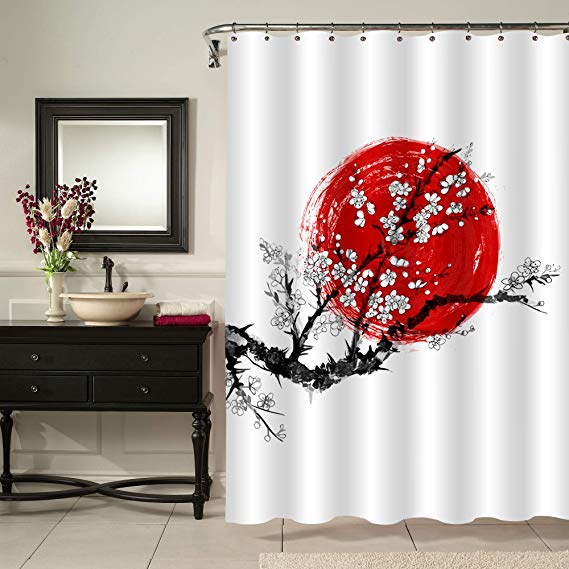 MitoVilla Watercolor Asian Cherry Tree Shower Curtain Set, Sakura Florals in Blossom and Red Sun Symbol of Japan, Black and White Shower Curtain for Nature Scenic Home Decorations, 72" W x 72" L