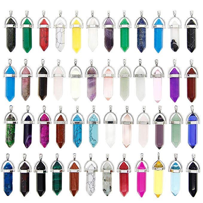 KeyZone 50pcs Bullet Shape Healing Pointed Chakra Beads Quartz Crystal Stone Pendants for DIY Necklace Jewelry Making, Assorted Color