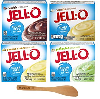Jell-O Sugar Free Instant Pudding Variety, Chocolate, Vanilla, Banana Creme, and Pistachio, One 1 oz Box of Each Flavor with Spice of Life Mini Bamboo Spatula
