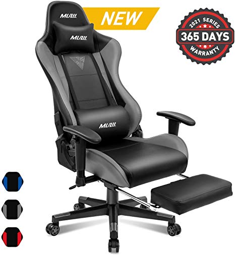 Muzii BIFMA Certified Gaming Chair with Footrest, High-Back PU Leather Office Chair with Headrest and Adjustable Lumbar Support,Ergonomic Computer Swivel Chair for Teens and Adults-Grey(001)