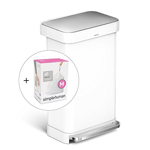 simplehuman 45L Rectangular Step Trash Can with Liner Pocket, White Steel, with 60 pack custom fit liner code M