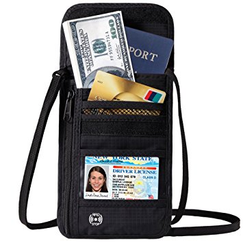 DEW Travel Passport Wallet Stash Hidden Water Resistant Pouch RFID Blocking Wallet for Security Concealed Pocket Pouch Neck Passport Holder