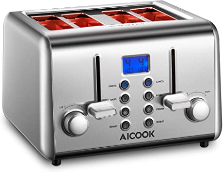 Toaster 4 Slice, AICOOK Retro Stainless Steel Toaster with 4 Extra Wide Slots, Bagel/Defrost/Reheat/Cancel Function, Removal Crumb Tray, 6 Browning Settings(LCD Display)