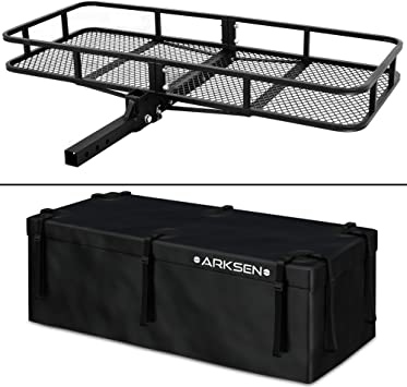 ARKSEN Heavy Duty 60 x 25 inch Cargo Hauler Carrier Hitch for RV SUV Mounted Folding Luggage Basket Combo 500D PVC Waterproof Cargo Bag with Reinforced Straps