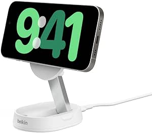 Belkin BoostCharge Pro chargeur sans fil magnétique et pliable, chargeur Qi2 15W, support de recharge Qi2, chargeur induction compatible MagSafe, pour Apple iPhone 15, 14, 13, 12, AirPods Pro, blanc