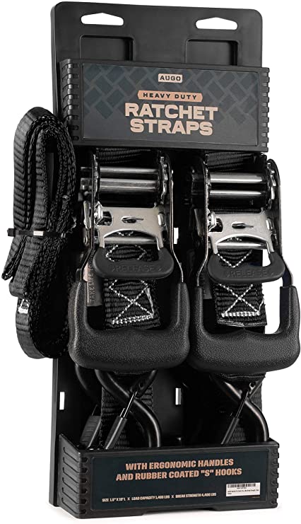 AUGO Heavy Duty Ratchet Straps & Soft Loops – Pack of 2 Extra Strong 1.5” by 10’ Ratchet Straps w/S-Hook Safety Latches & 2 Soft Loop Tie Downs – 4400Lb Break Strength for Motorcycles, ATVs, Etc.