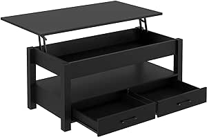 Rolanstar Coffee Table, Lift Top Coffee Table with Drawers and Hidden Compartment, Retro Central Table with Wooden Lift Tabletop, for Living Room, Black