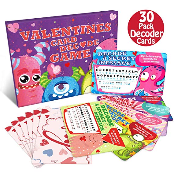 Valentine's Day Cards 30pcs Decoder Game for Kids 30 Stickers and Envelopes Monster Theme Gift for Classroom Valentine Party Favor